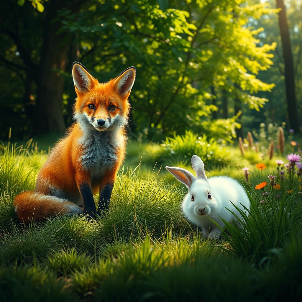 A picturesque scene featuring a fox and a rabbit in a lush green forest