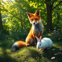 A picturesque scene featuring a fox and a rabbit in a lush green forest