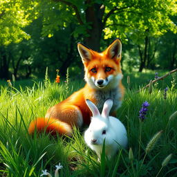A picturesque scene featuring a fox and a rabbit in a lush green forest