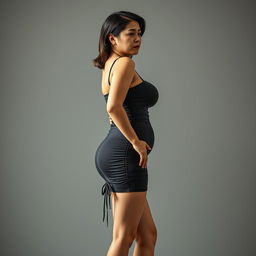 A high-value middle-aged Asian woman in side view, showcasing her white skin and voluptuous, busty body