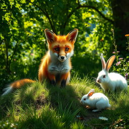 A picturesque scene featuring a fox and a rabbit in a lush green forest