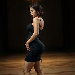A high-value middle-aged Asian woman in side view, showcasing her white skin and voluptuous, busty body