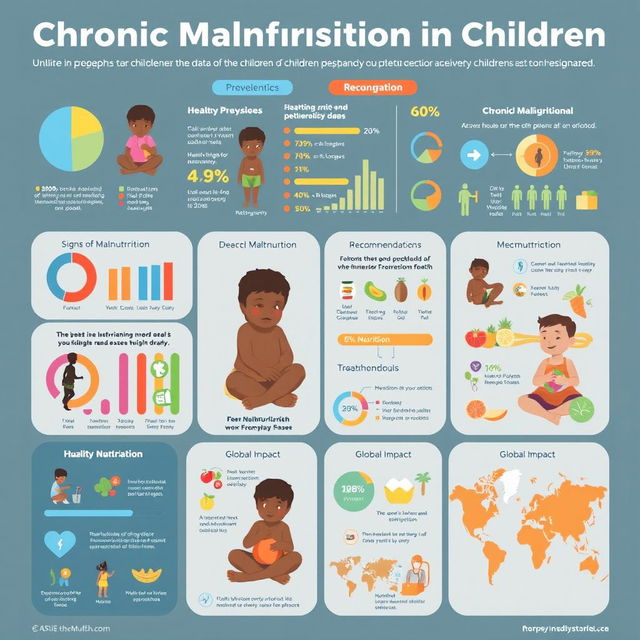 A detailed infographic illustrating chronic malnutrition in children, featuring statistics on prevalence, causes, and effects