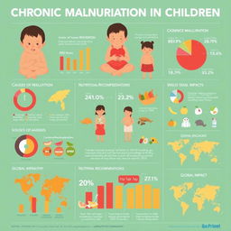 A detailed infographic illustrating chronic malnutrition in children, featuring statistics on prevalence, causes, and effects