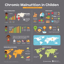 A detailed infographic illustrating chronic malnutrition in children, featuring statistics on prevalence, causes, and effects