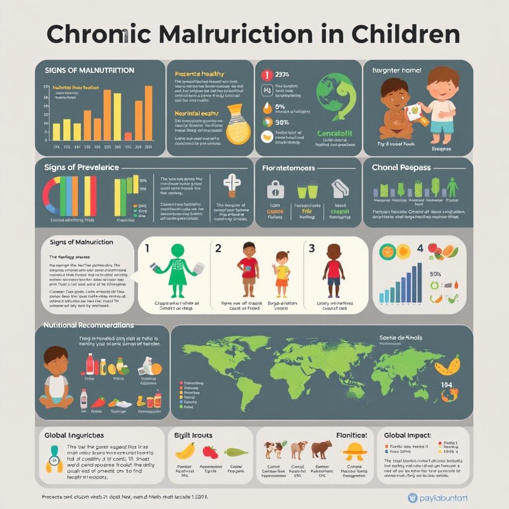 A detailed infographic illustrating chronic malnutrition in children, featuring statistics on prevalence, causes, and effects