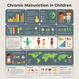 A detailed infographic illustrating chronic malnutrition in children, featuring statistics on prevalence, causes, and effects