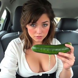 A 25-year-old brunette woman with shoulder-length messy hair, sitting in the back of a car, looking sweaty and exhausted with rosy cheeks