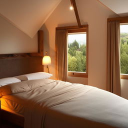 A well-lit, cosy bedroom with a large, comfortable bed, luxury soft furnishings, and a nearby wooden nightstand with a stylish lamp. A large window reveals a scenic view