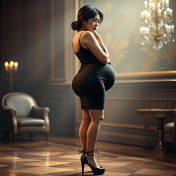A rich, sophisticated 50-year-old Asian woman in side view, showcasing white skin and a voluptuous, busty body