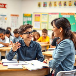 A confident student engaging actively in academic tasks, asking the teacher for the meaning of an idiomatic expression