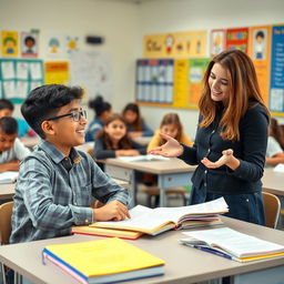 A confident student engaging actively in academic tasks, asking the teacher for the meaning of an idiomatic expression