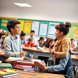A confident student engaging actively in academic tasks, asking the teacher for the meaning of an idiomatic expression