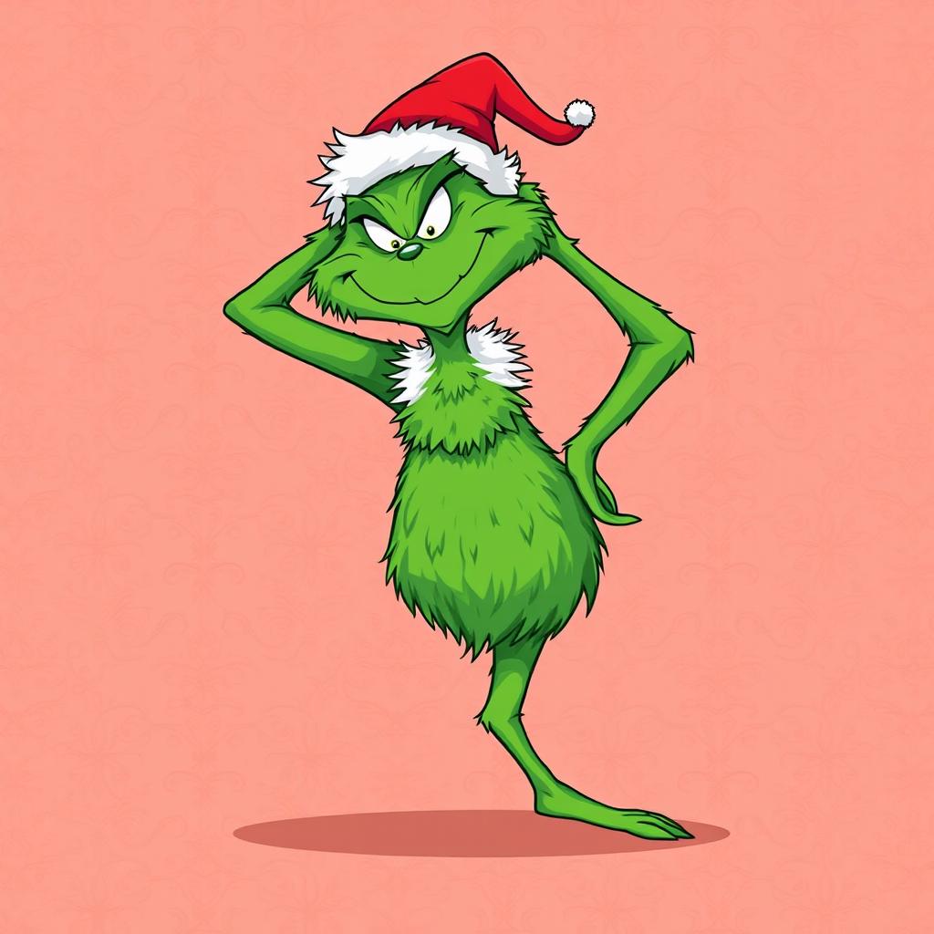 A whimsical depiction of the Grinch, standing with his hips raised playfully above his head, showcasing his mischievous expression