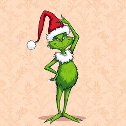 A whimsical depiction of the Grinch, standing with his hips raised playfully above his head, showcasing his mischievous expression