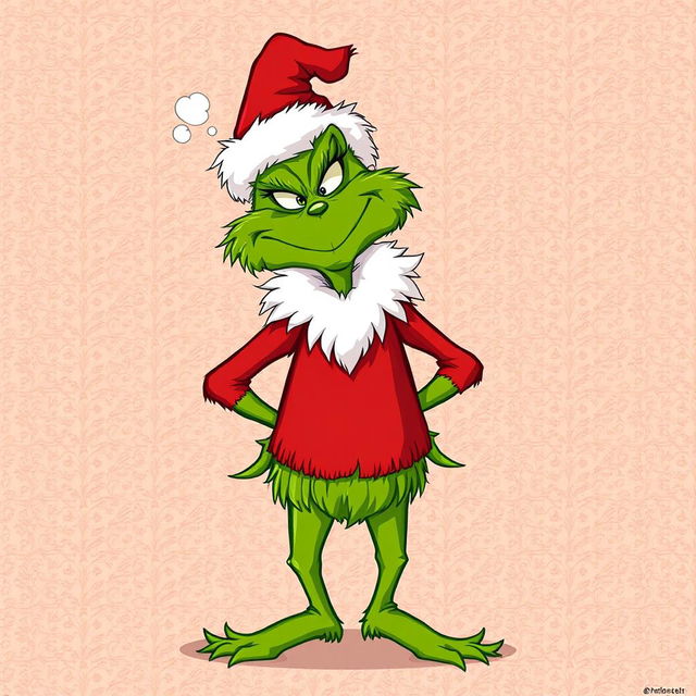 A whimsical depiction of the Grinch, standing with his hips raised playfully above his head, showcasing his mischievous expression