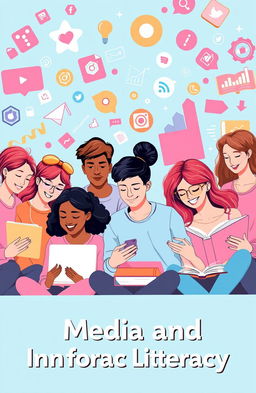 A visually engaging and vibrant illustration focused on Media and Information Literacy, featuring a group of diverse students actively engaged in learning