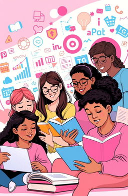 A visually engaging and vibrant illustration focused on Media and Information Literacy, featuring a group of diverse students actively engaged in learning