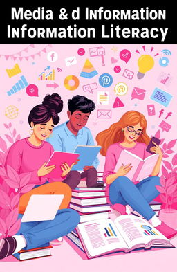 A visually engaging and vibrant illustration focused on Media and Information Literacy, featuring a group of diverse students actively engaged in learning