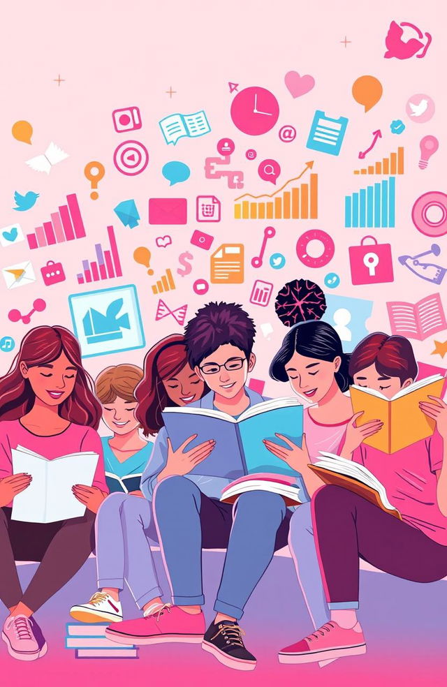 A visually engaging and vibrant illustration focused on Media and Information Literacy, featuring a group of diverse students actively engaged in learning