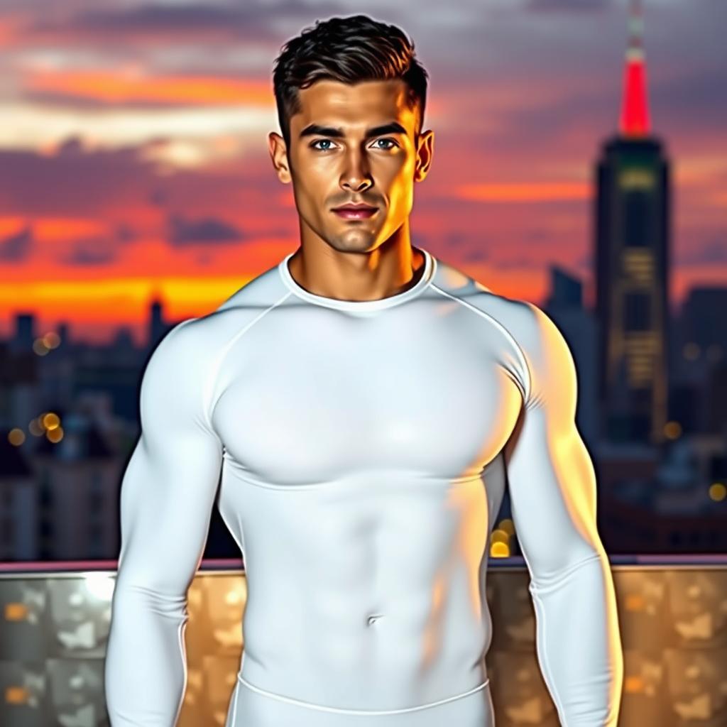 A well-formed man named Miguel Angel with short dark hair and striking blue eyes, standing confidently in a sleek, form-fitting white Spandex suit