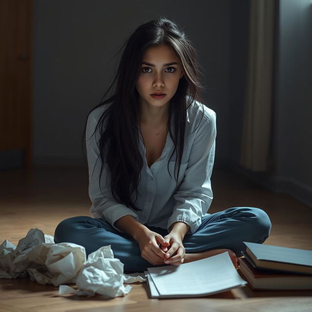 A young woman sitting on the floor in a dimly lit room, her expression one of fear and anxiety as she contemplates her life choices