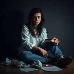 A young woman sitting on the floor in a dimly lit room, her expression one of fear and anxiety as she contemplates her life choices