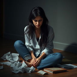 A young woman sitting on the floor in a dimly lit room, her expression one of fear and anxiety as she contemplates her life choices