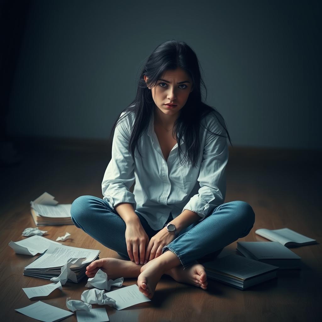 A young woman sitting on the floor in a dimly lit room, her expression one of fear and anxiety as she contemplates her life choices