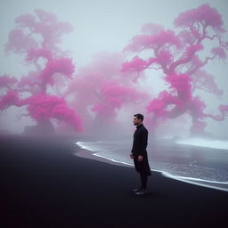 A mysterious scene depicting a foggy sea with black sand and large trees in vibrant pink hues