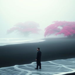 A mysterious scene depicting a foggy sea with black sand and large trees in vibrant pink hues