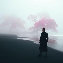 A mysterious scene depicting a foggy sea with black sand and large trees in vibrant pink hues