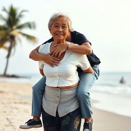 A realistic front view photograph depicting an Indonesian old woman with a warm smile, wearing a tight white button-up crop top and a low-waisted batik cloth