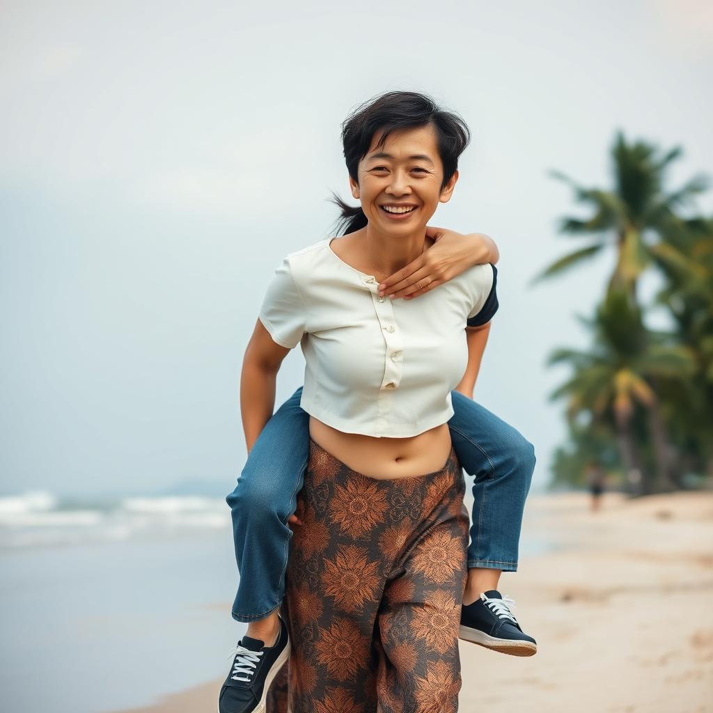 A realistic front view photograph depicting an Indonesian old woman with a warm smile, wearing a tight white button-up crop top and a low-waisted batik cloth