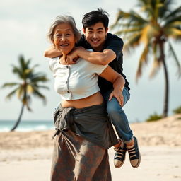 A realistic front view photograph depicting an Indonesian old woman with a warm smile, wearing a tight white button-up crop top and a low-waisted batik cloth