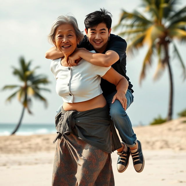 A realistic front view photograph depicting an Indonesian old woman with a warm smile, wearing a tight white button-up crop top and a low-waisted batik cloth