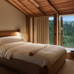 A well-lit, cosy bedroom with a large, comfortable bed, luxury soft furnishings, and a nearby wooden nightstand with a stylish lamp. A large window reveals a scenic view