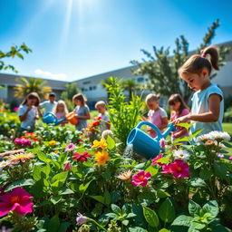 A lush and vibrant school garden showcasing diverse green plants and flowers, surrounded by students engaging in gardening activities