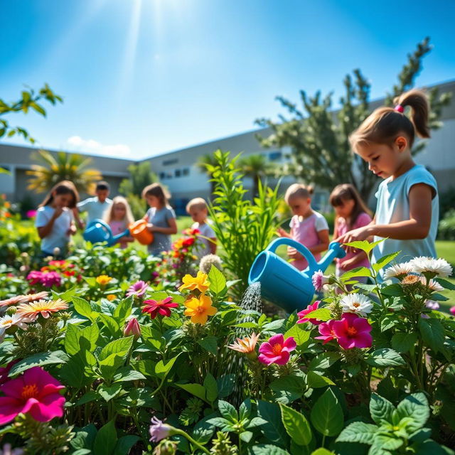 A lush and vibrant school garden showcasing diverse green plants and flowers, surrounded by students engaging in gardening activities