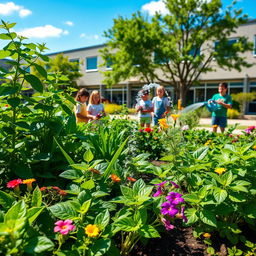 A lush and vibrant school garden showcasing diverse green plants and flowers, surrounded by students engaging in gardening activities