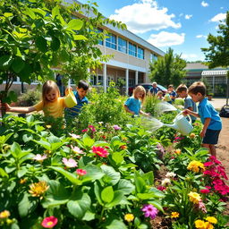 A lush and vibrant school garden showcasing diverse green plants and flowers, surrounded by students engaging in gardening activities