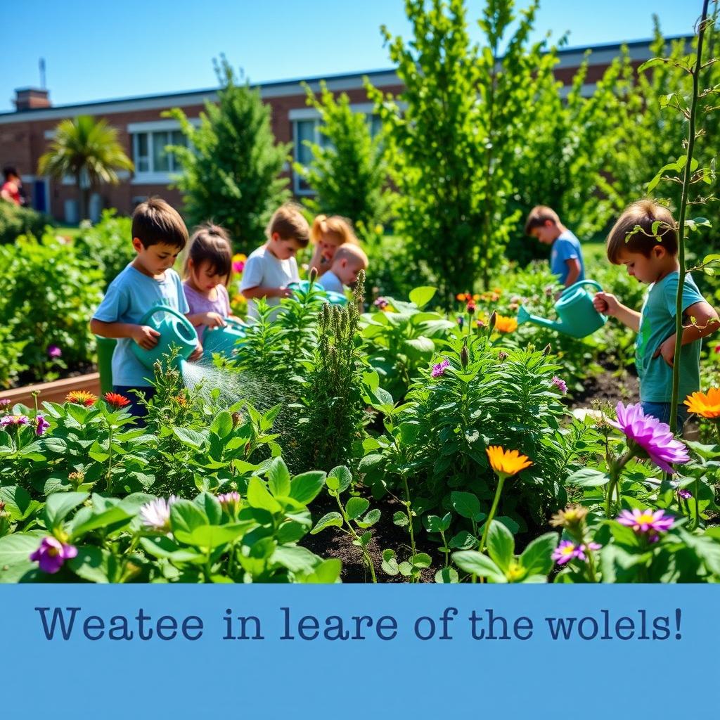 A lush and vibrant school garden showcasing diverse green plants and flowers, surrounded by students engaging in gardening activities