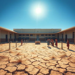 A depiction of an empty school courtyard during a drought, with dry grass and cracked earth, showing a dilapidated school building in the background