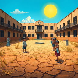 A depiction of an empty school courtyard during a drought, with dry grass and cracked earth, showing a dilapidated school building in the background
