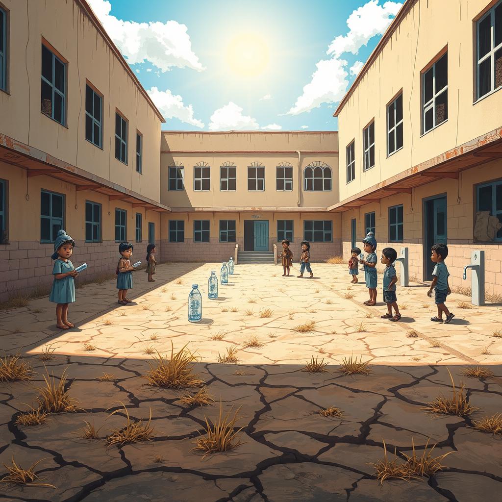 A depiction of an empty school courtyard during a drought, with dry grass and cracked earth, showing a dilapidated school building in the background