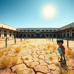 A depiction of an empty school courtyard during a drought, with dry grass and cracked earth, showing a dilapidated school building in the background