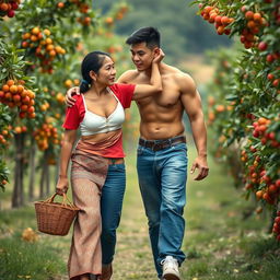 An Indonesian woman with a very huge, tall, and muscular body, featuring big biceps and detailed six-pack abs, wearing a cream button-up bra and a low-waist long batik cloth