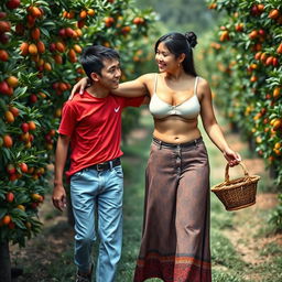 An Indonesian woman with a very huge, tall, and muscular body, featuring big biceps and detailed six-pack abs, wearing a cream button-up bra and a low-waist long batik cloth