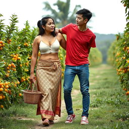 An Indonesian woman with a very huge, tall, and muscular body, featuring big biceps and detailed six-pack abs, wearing a cream button-up bra and a low-waist long batik cloth