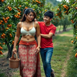 An Indonesian woman with a very huge, tall, and muscular body, featuring big biceps and detailed six-pack abs, wearing a cream button-up bra and a low-waist long batik cloth